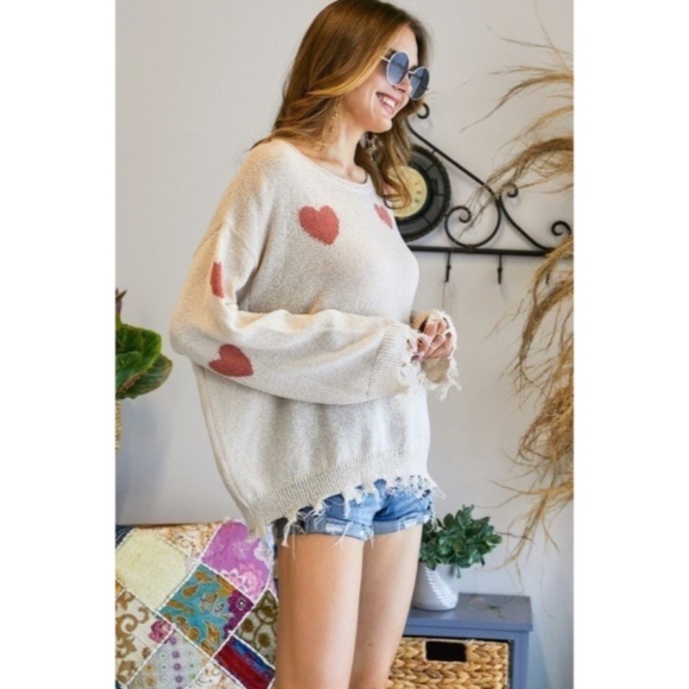 SOLD OUT Khaki Mauve Heart Valentines Day Distressed Frayed Hem Relaxed Sweater - Picture 4 of 5